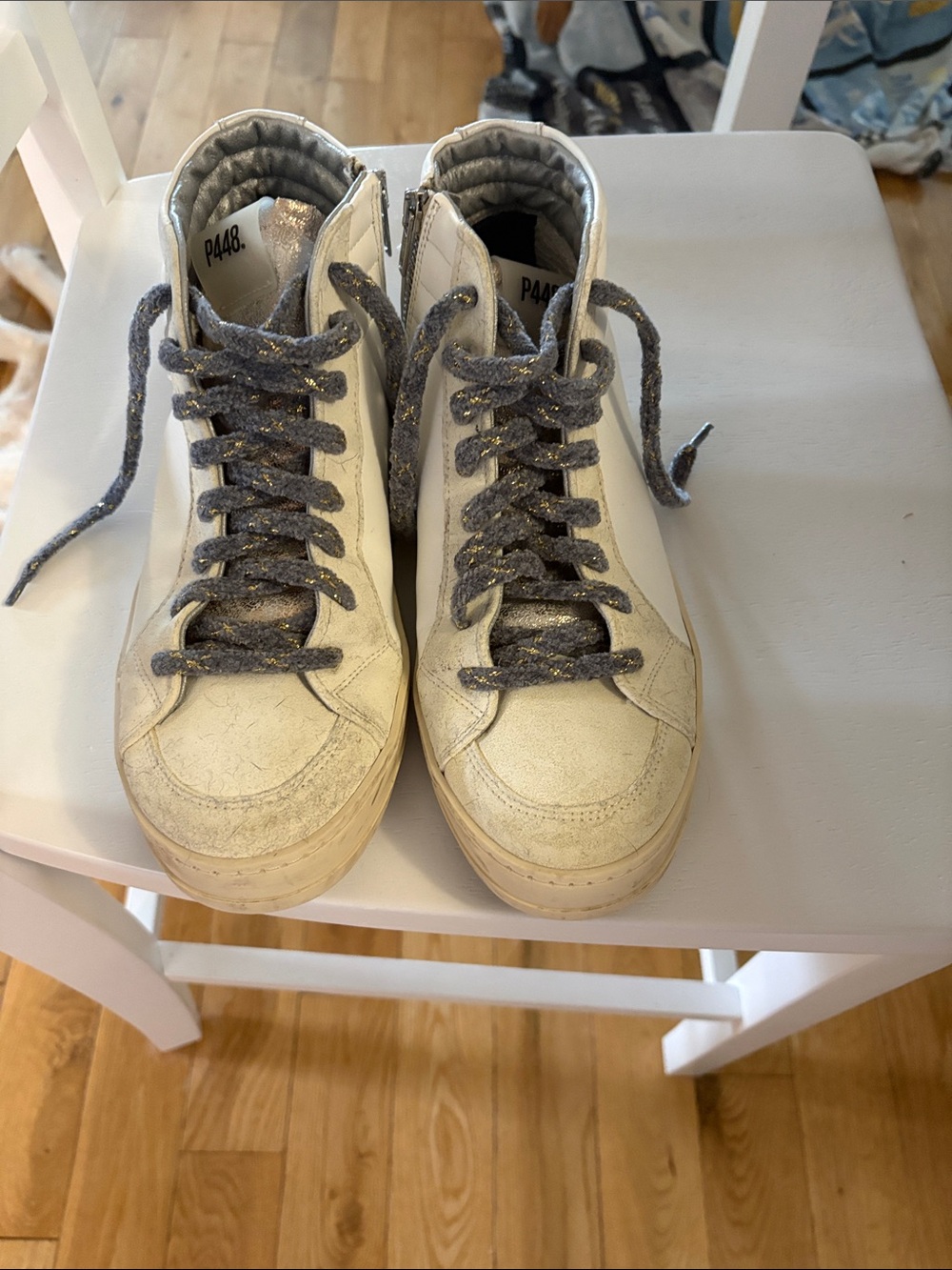 P448 White Sneakers with Silver Glitter Laces size 40 which is 9.5/10